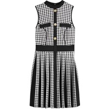 Mamayaga Kadın Kolsuz Çan Etek Kazayağı Desen Düğme Detay Büyük Beden Curve Şık Boy Elbise