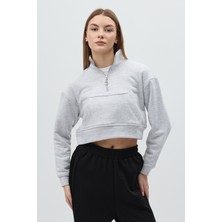 Rays Gri Kapüşonlu Fermuarlı Cepli Pamuklu Kadın Sweatshirt 3115A