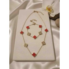 Güneş Takı Gold Koyu Kırmızı Yonca Çelik Kolye Bileklik Seti