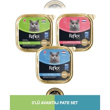 Reflex Plus Alutray Pate Msc Morina Balıklı Kısırlaştırılmış Yetişkin & Alutray Pate Msc Somon ve Msc Karides Yetişkin & Alutray Pate Msc Ringa ve Msc Morina Balıklı Yetişkin Kedi Maması Seti 3X85 gr