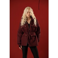 Hopeful Design Yeni Sezon Mont Fermuarlı Bel Kemer Detaylı Mont Bordo