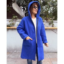 Denizege Butik Italyan Midi Boy Keçe Kaban Saks Mavi