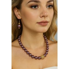 Solare Accessories Mor Inci ve Gold Detaylı Taşlı Kolye & Küpe Seti