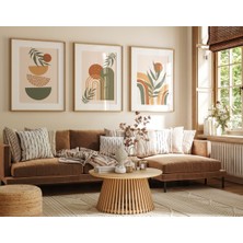 Pam Studio Yeşil Kiremit Renkli Bohem 3’lü Tablo Seti | Ahşap Çerçeveli Modern Bitki & Geometrik Poster