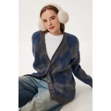 Happiness İstanbul Baklava Desenli Tüylü ve Yün Efektli Triko Hırka LXA0029 Antrasit Lacivert