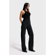 It's Basic Itsbasic Kadın Loose Fit Siyah Renk Lora Parlak Baklava Taşlı Denim Pantolon Yüksek Bel