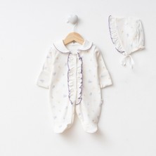 Eda Baby Zarif Çiçek Deseni Fırfırlı Kendinden Eldivenli Bebek Tulumu ve Şapka Seti