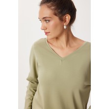 Happiness İstanbul Ön Arka V Yaka Modal Bluz LBY0032 Zeytin Yeşili