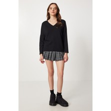 Happiness İstanbul Ön Arka V Yaka Modal Bluz LBY0032 Siyah