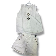 Kadın Keten Pamuk Düğmeli Şort ve Düğmeli Kolsuz Bluz Takım