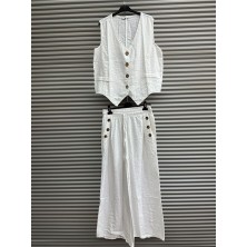 Kadın Keten Pamuk Düğmeli Yelek ve Pantolon Takım