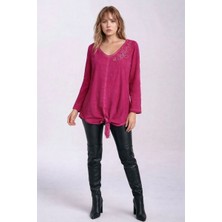 Mamayaga Kadın Bisiklet Yakası Taşlı %100 Cotton Viskon Uzun Kol Curve Büyük Beden Bluz