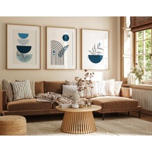 Pam Studio Mavi Tonlarda 3’lü Ahşap Çerçeveli Modern Tablo Seti | Geometrik Bitkisel Minimal Poster