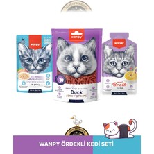 Wanpy Pouch Tavuk - Ördek Kedi Yaş Mama 70 gr & Gerçek Ördek Fileto Jerky Strips Yumuşak 80 gr & Ördek Çorbası 50 gr - 3'lü Kedi Ödül Maması Seti