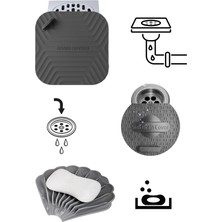 Omilife Siyah Kare Koku Önleyici Gider Kapağı Siyah Istiridye Şekilli Sabunluk ve Siyah Lavabo Gider Koruyucu Şık ve Fonksiyonel 3lü Banyo Mutfak Seti