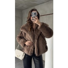 Asfa Moda Sütlü Kahve Şal Yaka Jakarlı Çıt Çıtlı Cepli Geniş Kalıp Lolita Kürk
