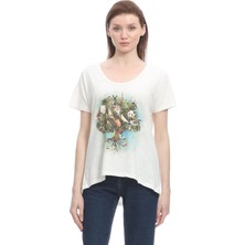 Avoria Doğa Dostu Organik Pamuk Doğa Ağacı Baskılı Bisiklet Yaka Kadın Tişört – Beyaz