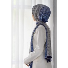 Vissona Lüks Medine Ipeği Geometrik Desenli Lacivert Renkli 75X195 Kırışmaz Şal Moss Krep Dikiş Tipi Italyan Dikişli