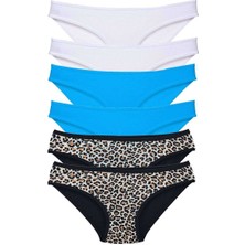Leopardess 6 Adet Likralı Kadın Slip Külot Leopar Beyaz Mavi