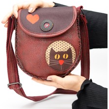 Kedi Aşkı Figürlü Çapraz Örgülü Kol Çantası Etnik Bohem Style - Bordo