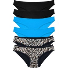 Leopardess 6 Adet Likralı Kadın Slip Külot Leopar Siyah Mavi