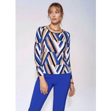 Mamayaga Kadın Bisiklet Yaka Esnek Desenli Viskon Uzun Kol Curve Büyük Beden Bluz