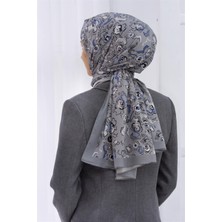 Vissona Lüks Medine Ipeği Çiçekli Krem - Indigo  Renkli 75X195 Kırışmaz Şal Moss Krep Dikiş Tipi Italyan Dikişli