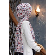 Vissona Lüks Medine Ipeği Çiçekli Gül Kurusu - Indigo Renkli 75X195 Kırışmaz Şal Moss Krep Dikiş Tipi Italyan Dikişli