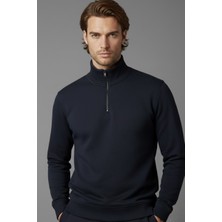 Unisex Kışlık Lacivert Yarım Fermuarlı Dik Yaka 2 Iplik Basic Sweatshirt