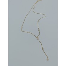 Lagül Aksesuar 316L Çelik Kararmaz Suya Dayanıklı Minik Taş Detayları ile Süslenmiş Gold Y Kolye