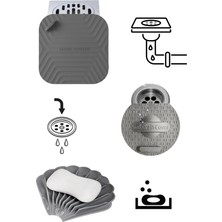 Omilife Gri Kare Koku Önleyici Gider Kapağı Gri Istiridye Şekilli Sabunluk ve Gri Lavabo Gider Koruyucu Şık ve Fonksiyonel 3lü Banyo Mutfak Seti
