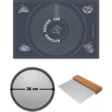 Kitchen Design Lab Gri Silikon Hamur Açma Matı 45 x 65 Cm, 36 cm Pizza Tepsisi ve Ahşap Saplı Hamur ve Pizza Kesici