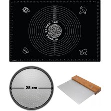 Kitchen Design Lab Siyah Silikon Hamur Açma Matı 45 x 65 Cm, 28 cm Pizza Tepsisi ve Ahşap Saplı Hamur ve Pizza Kesici