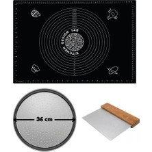 Kitchen Design Lab Siyah Silikon Hamur Açma Matı 45 x 65 Cm, 36 cm Pizza Tepsisi ve Ahşap Saplı Hamur ve Pizza Kesici