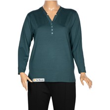 Pıtırcık Cimariva Kadın Neval Büyük Beden V Yaka Taşlı Koyu Turkuaz Bluz