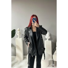 Orions Collection Elvera Oversize Uzun Kadın Siyah Deri Ceket