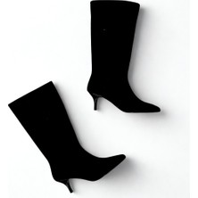 Ne&Ve Shoes Siyah Süet Hakiki Deri Körüklü Kadın Sivri Burun Çizme