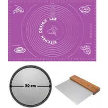 Kitchen Design Lab Mor Silikon Hamur Açma Matı 45 x 65 Cm, 32 cm Pizza Tepsisi ve Ahşap Saplı Hamur ve Pizza Kesici