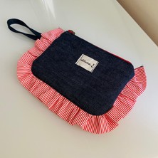 idiluna Kırmızı Fırfırlı, Kulplu Lacivert Denim Makyaj Çantası / Clutch