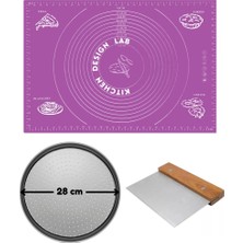 Kitchen Design Lab Mor Silikon Hamur Açma Matı 45 x 65 Cm, 28 cm Pizza Tepsisi ve Ahşap Saplı Hamur ve Pizza Kesici