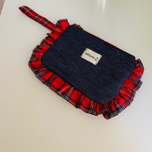 idiluna Kırmızı Ekose Fırfrlı, Denim ve Bilek Askılı Makyaj Çantası / Clutch
