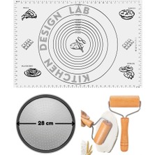 Kitchen Design Lab Beyaz Silikon Hamur Açma Matı 45 x 65 Cm, 28 cm Pizza Tepsisi ve Ahşap Saplı Hamur Açıcı