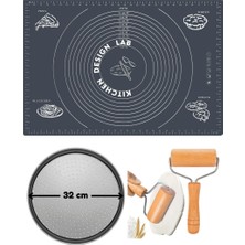 Kitchen Design Lab Gri Silikon Hamur Açma Matı 45 x 65 Cm, 32 cm Pizza Tepsisi ve Ahşap Saplı Hamur Açıcı