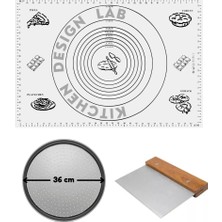 Kitchen Design Lab Beyaz Silikon Hamur Açma Matı 45 x 65 Cm, 36 cm Pizza Tepsisi ve Ahşap Saplı Hamur ve Pizza Kesici