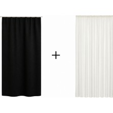 Perkoa Siyah/antrasit Blackout Işık Geçirmez Pilesiz Perde + Pilesiz Büzgülü Ekstraforlu Ekru Renk Düz Tül | Salon & Yatak Odası Seti+Yıkama Torbası ve Stoper Kilit Hediyeli