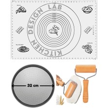 Kitchen Design Lab Beyaz Silikon Hamur Açma Matı 45 x 65 Cm, 32 cm Pizza Tepsisi ve Ahşap Saplı Hamur Açıcı