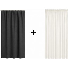 Perkoa Siyah/antrasit Blackout Işık Geçirmez Pilesiz Perde + Pilesiz Büzgülü Ekstraforlu Ekru Renk Düz Tül | Salon & Yatak Odası Seti+Yıkama Torbası ve Stoper Kilit Hediyeli