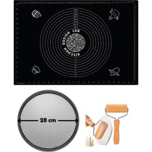 Kitchen Design Lab Siyah Silikon Hamur Açma Matı 45 x 65 Cm, 28 cm Pizza Tepsisi ve Ahşap Saplı Hamur Açıcı