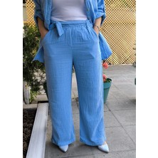 DenizEge Butik Kuşaklı Müslin Pantolon Bebe Mavi