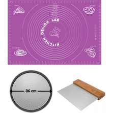 Kitchen Design Lab Mor Silikon Hamur Açma Matı 45 x 65 Cm, 36 cm Pizza Tepsisi ve Ahşap Saplı Hamur ve Pizza Kesici